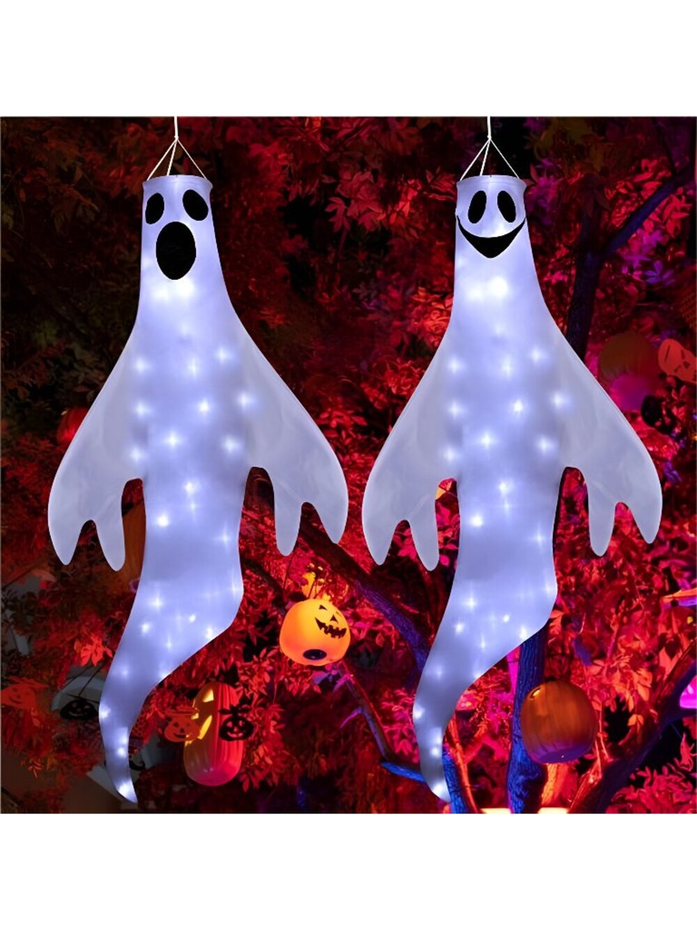 2 Pack Halloween Ghost Windsock with Lights, 47 Inch Glow in The Dark Halloween